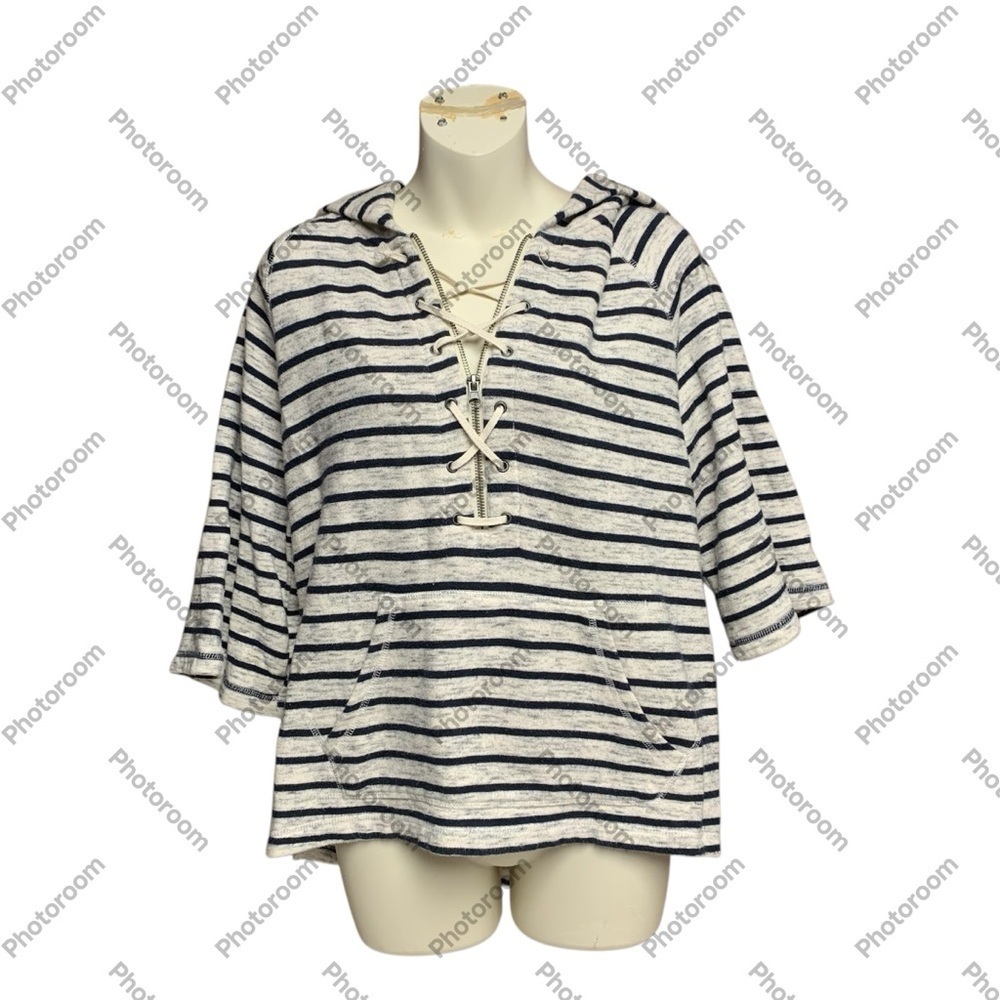 Sperry size small blue/gray Striped Lace-Up Hoodie front pocket